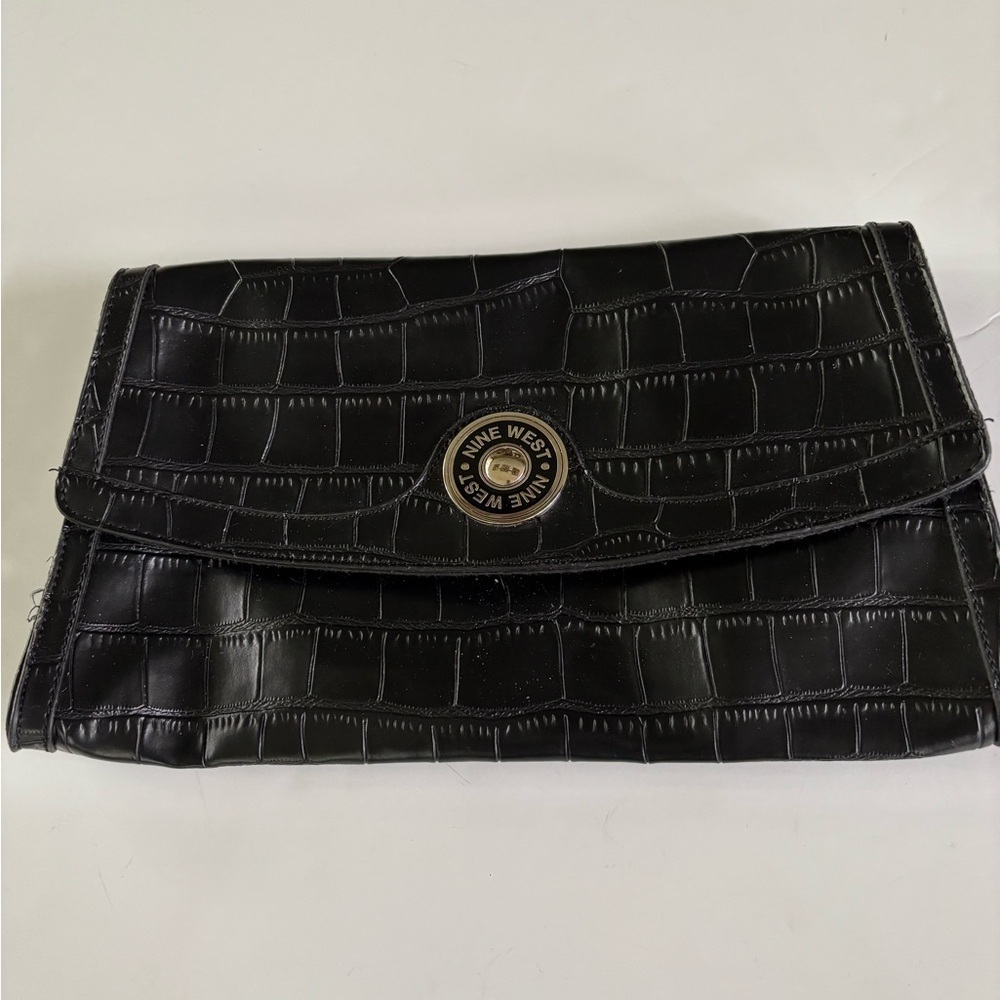 NINE WEST Black Faux Leather Embossed Shoulder Handbag Clutch Crocodile
